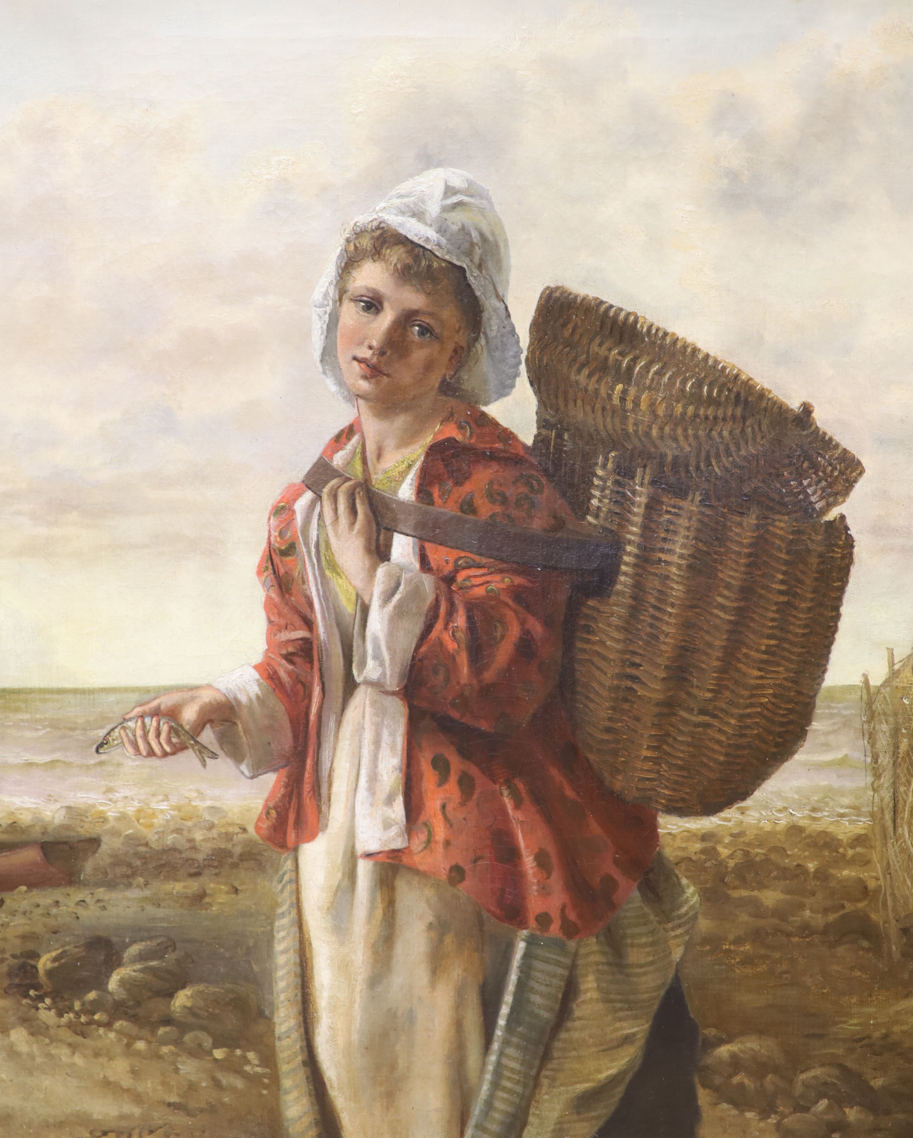 Follower of James John Hill (1811-1882), The Fisherwoman, oil on canvas, 58 x 48cm